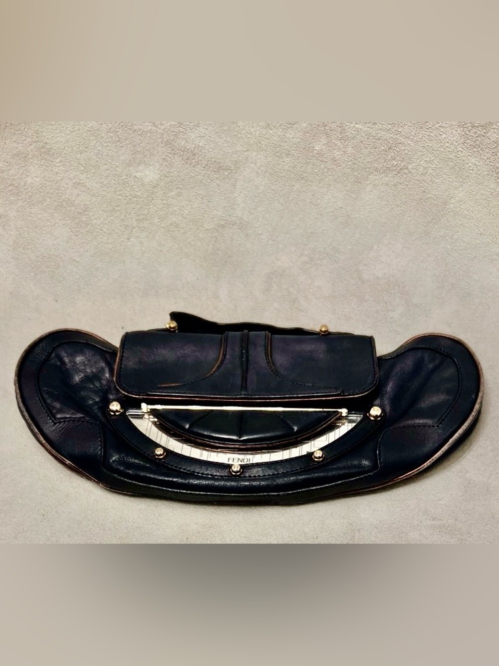 Fendi Vintage Zucca Vanity Mirror Clutch Black Leather